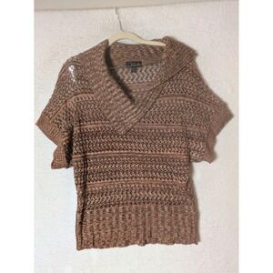 One A Sweater Top Women's Size M Brown Short Sleeve Open Knit Shawl Collar